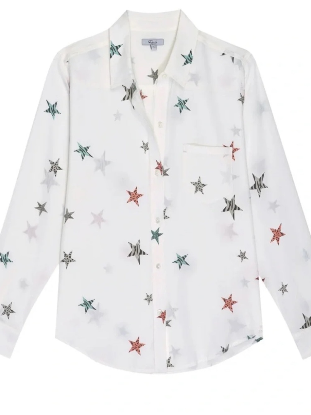 RAILS Kate Silk Button-Up Shirt in Ivory Animal Stars - size small